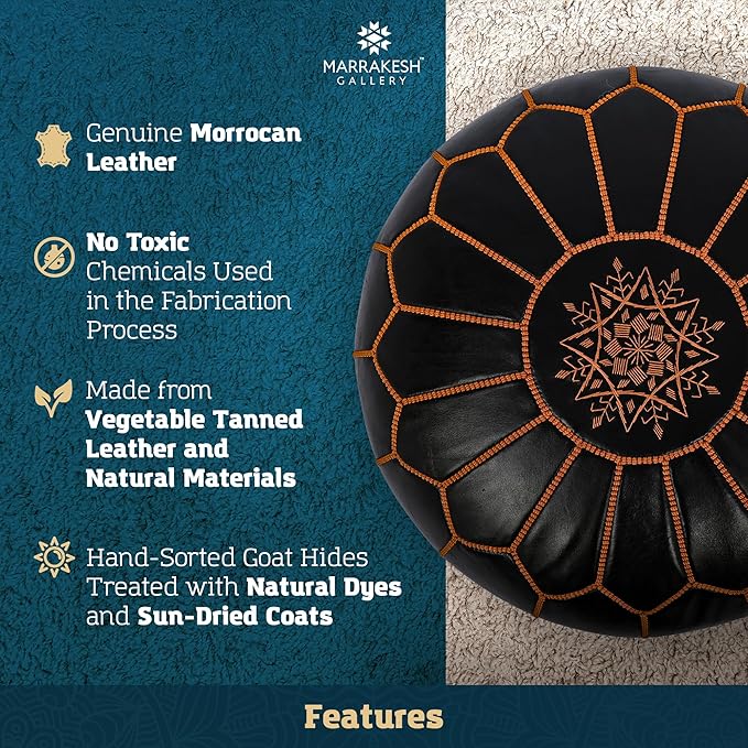 Marrakesh Gallery Genuine Leather Round Pouf Unstuffed - Moroccan Ottoman Footstool, Footrest Cover - Boho Decor - Bohemian Living Room, Bedroom, Kids Room, Gift & Wedding