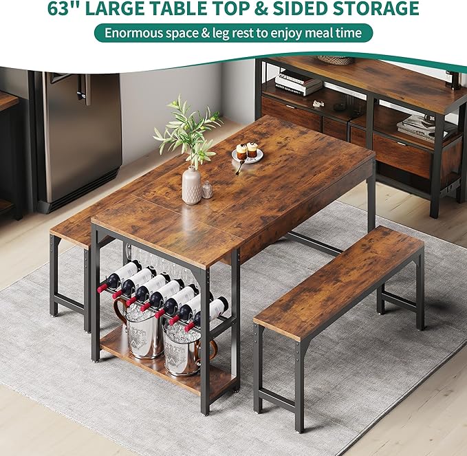 YITAHOME 63" 3 Piece Kitchen Dining Table Set for 4 with Bench & Storage, Farmhouse Rectangle Dining Room Dinner Table with Wine & Glass Holder for Space Saving Brown