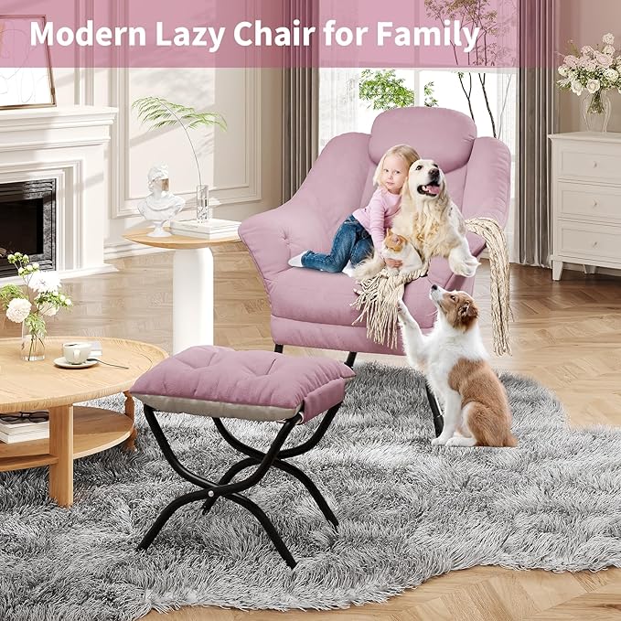 IDEALHOUSE Lazy Chair with Ottoman - Modern Living Room Chairs for Small Spaces, Ergonomic Reading Chair with Armrests, Comfy Chair with Ottoman for Bedroom & Living Room, Pink