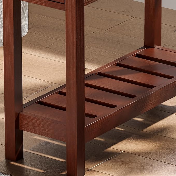 ChooChoo Narrow End Table, Small Side Table for Small Spaces, Slim End Table with Drawer, Narrow Nightstand Bedside Table for Living Room Bedroom, Cherry Brown, 2 Pack
