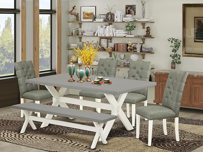 East West Furniture X097EL207-6 6 Piece Kitchen Table Set Contains a Rectangle Dining Table with X-Legs and 4 Gray Linen Fabric Parson Chairs with a Bench, 40x72 Inch, Multi-Color