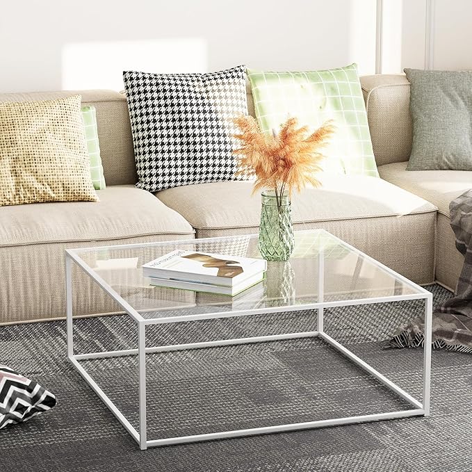 Glass Coffee Table Square Coffee Table for Small Space,Modern Minimalist Center Table for Living Room Home Office,Tempered Glass-top with Sturdy Metal Frame,Easy Assembly,27 x 27In, White