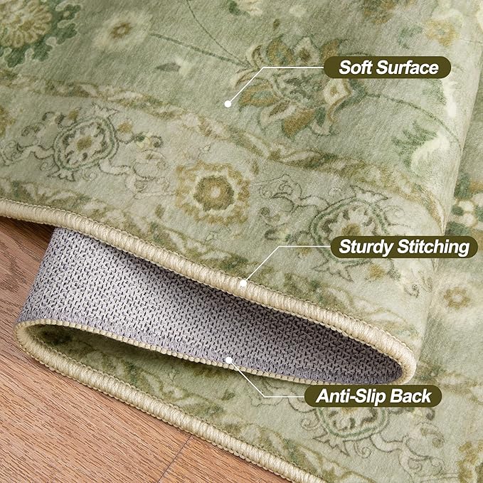 Tangsoo 2x6 Washable Runner Rug for Hallways, Non Slip Floral Vintage Runner, Soft Low Pile Long Rug, Print Distressed Flaxen Green Carpet Runners for Kitchen Bedroom Entryway Living Room