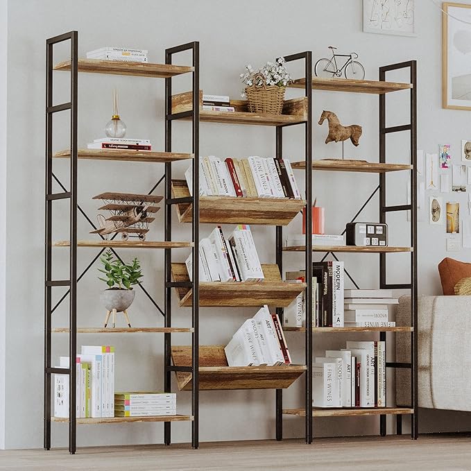 IRONCK Bookshelves and Bookcases 5 Tiers, Triple Wide Industrial Bookshelf, Large Etagere Bookshelf, Display Storage Bookshelves with Metal Frame for Living Room, Home Office
