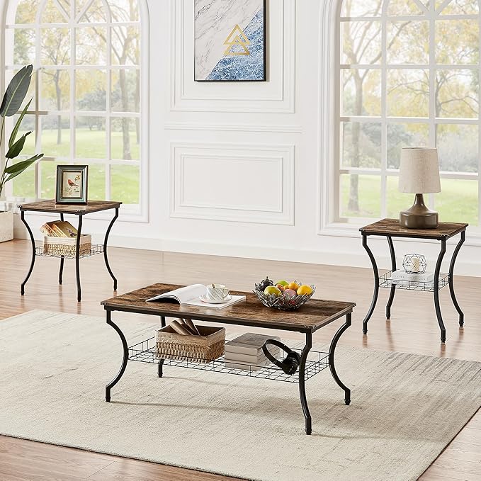 VECELO 3 Pieces Living Room Table Sets, Coffee and End Tables with Open Storage Shelves for Apartment, Home Office, Small Space, Easy Assembly, Brown