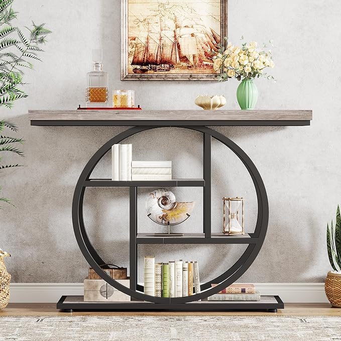 Tribesigns 41.3" Console Table, Industrial 4-Tier Sofa Table Entryway Table with Circle Base, Narrow Wood Accent Tables with Storage Shelves for Living Room, Hallway, Foyer, Gray