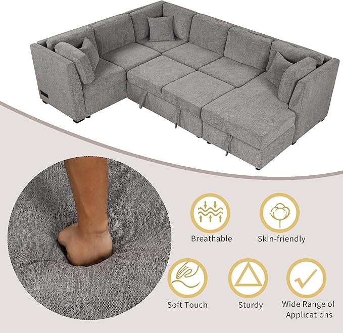 Ball & Cast 108.6" Sleeper Sectional Pull Out Sofa with 2 USB Ports,Two Power Sockets,Versatile U-Shape Couch w/ 3 Back Pillows and Storage Chaise,for Living Room,Office,Apartment,Light Gray