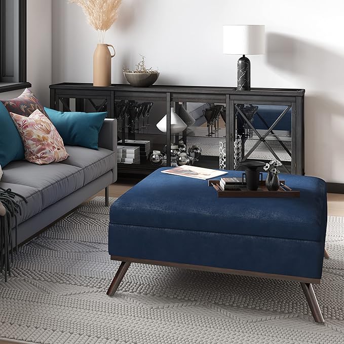 SIMPLIHOME Owen 36 inch Wide Mid Century Modern Square Coffee Table Storage Ottoman in Distressed Dark Blue Vegan Faux Leather, Assembled, for the Living Room, Entryway and Family Room