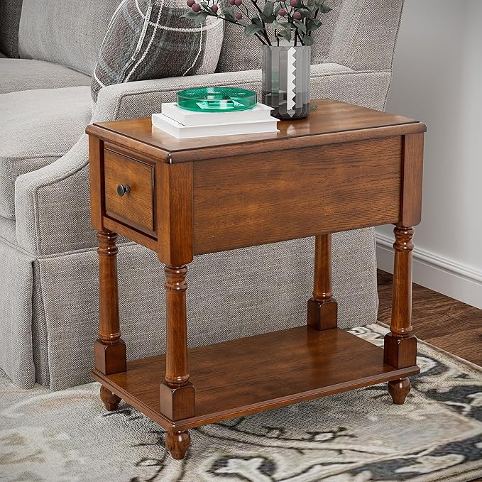 LEEMTORIG Set of 2 Solid Wood End Table Narrow Side Table with Drawer, Cherry Wood End Table Living Room, 13" W Slim Bedside Table, 22" D x 22.3" H, No-Tools Assembly, Beeswax Brown BBJ-004-DR