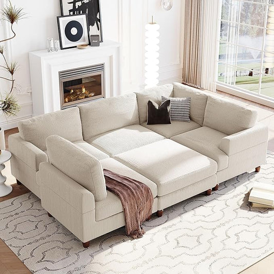 Eafurn Free Combination Symmetrical Modular Sectional Sofa with Movable Ottoman,Corduroy Upholstered Convertible Sleeper Couch,6 Seater Oversized Reversible Corner Sofa&Couch for Living Room Office