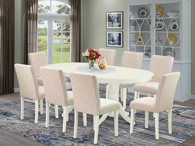 East West Furniture VAAB9-LWH-02 9 Piece Dining Room Set Includes an Oval Wooden Table with Butterfly Leaf and 8 Light Beige Linen Fabric Parson Dining Chairs, 40x76 Inch, Linen White