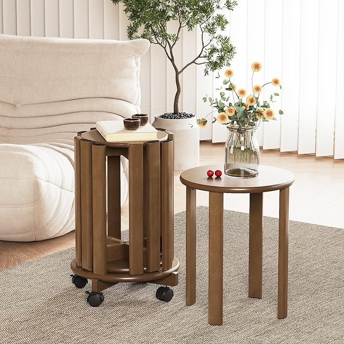 Stackable Stools Set of 4, 4‑in‑1 Bamboo Nesting Stools & End Tables with Wheels, 18″ Round Portable Barstools No‑Assembly Stool for Kitchen Living Room Bar Dorm, Walnut