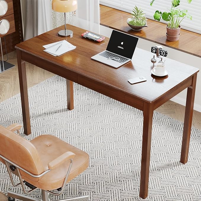 Solid Wood Desk with Drawers - 47 x 22 Inch Vintage Desks, Mid Century Modern Desks, Rubber Wood Study Table, Writing Desk with Drawers for Bedroom|Any Spaces - Walnut Color