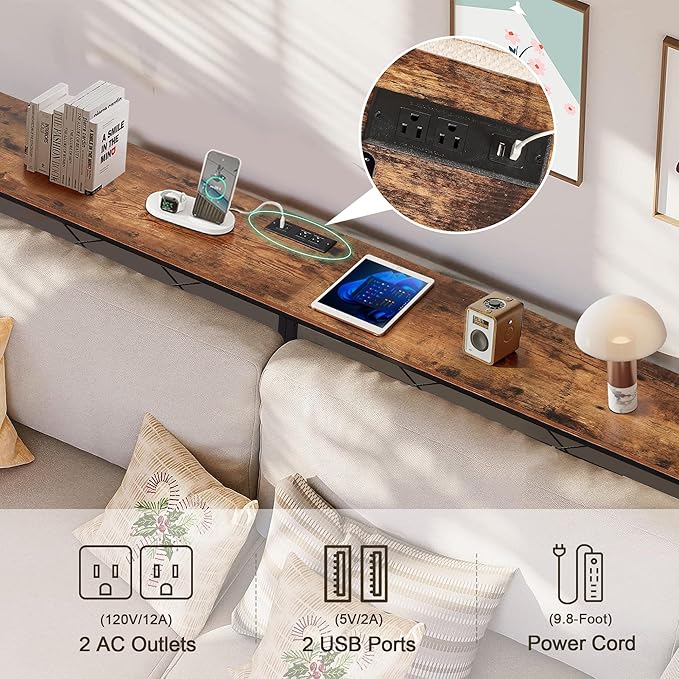 VECELO 71In Extra Long Narrow Sofa/Console Table with Charging Station & Power Outlet and USB Ports, for Entryway, Living Room, Office, Industrial, Rustic Brown