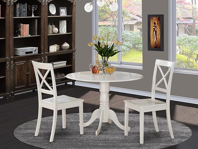 East West Furniture DLBO3-WHI-W 3 Piece Dining Room Table Set Contains a Round Kitchen Table with Dropleaf and 2 Dining Chairs, 42x42 Inch, Linen White