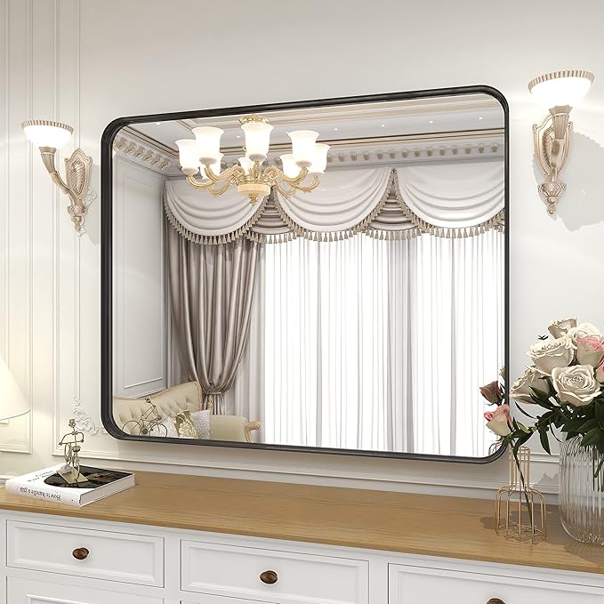 Bathroom Mirror 30x40 inch, Black Gorgeous Deep Frame Wall Mirror, Modern Round Corner Bathroom Vanity Mirror for Bedroom, Living Room, Hanging or Leaning Horizontal or Vertical, Black
