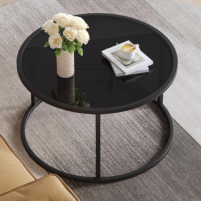 SAYGOER Black Glass Coffee Table Small Round Coffee Tables 27.6In Modern Tempered Glass-Top Accent Center Table for Living Room Home Office Small Space Easy Assembly