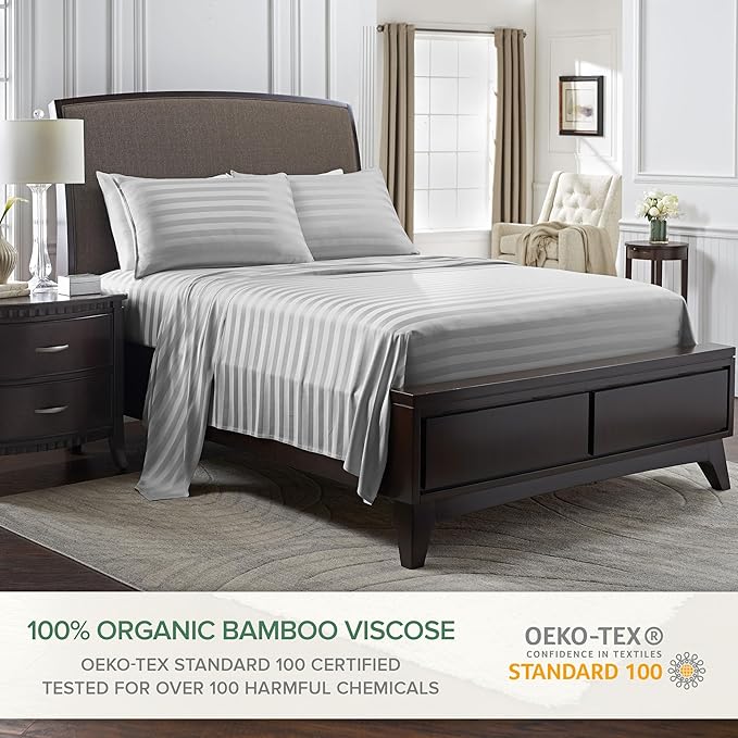 Twin Sheets by Pure Bamboo, Genuine 100% Organic Viscose Derived from Bamboo Bed Sheet Set, Luxuriously Soft & Cooling, Double Stitching, Lifetime Quality Promise (Twin, Jacquard Silver)