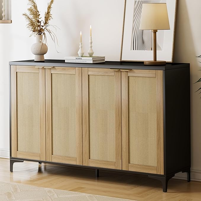Sideboard - Buffet Cabinet with Storage, Rattan Cabinet with 4 Doors and Adjustable Shelves, Accent Cupboard with Metal Feet, Black Sideboard Console Table for Living Room, Entry, Dining Room
