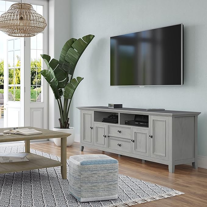 SIMPLIHOME Amherst 72-inch Wide Solid Wood TV Stand in Fog Grey, Transitional-Style Media Console for Living Room with Cable Management and Adjustable Shelves, Fits 80" TVs