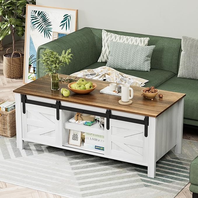 YESHOMY Coffee Table with Sliding Barn Doors & Storage, Wooden Center Rectangular Cabinet with Adjustable Shelves, for Livingroom, Bedroom, Home Office, White