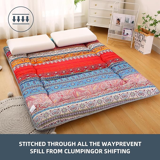 Bohemian Retro Japanese Floor Mattress, Vintage Floral Tatami Floor Mat, Portable Roll up Futon Mattress for Guest,Tavel (C,Queen80 X 60")