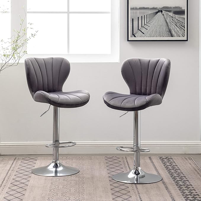 Roundhill Furniture Ellston Velvet Adjustable Swivel Barstools in Gray, Set of 2, Grey