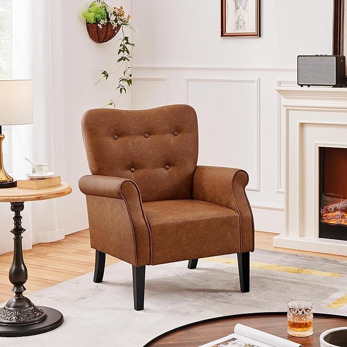 Yaheetech Modern Armchair, Mid Century PU Leather Accent Chair with Sturdy Wood Legs and High Back for Small Space, Upholstered Sofa Club Chair for Living Room/Bedroom/Office, Retro Brown