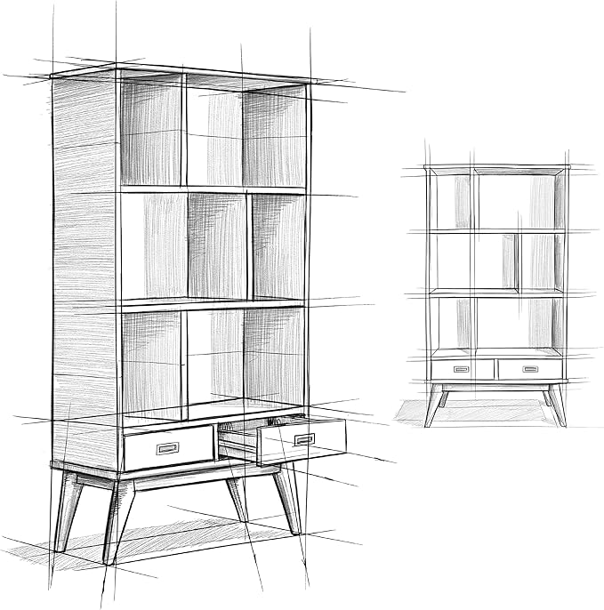 SIMPLIHOME Draper Bookcase - 64 inch Tall Solid Hardwood Wide Storage Bookshelf in Teak Brown, Mid-Century Modern Storage for Living Room, Study Room or Office with Adjustable Shelves and Tapered Legs