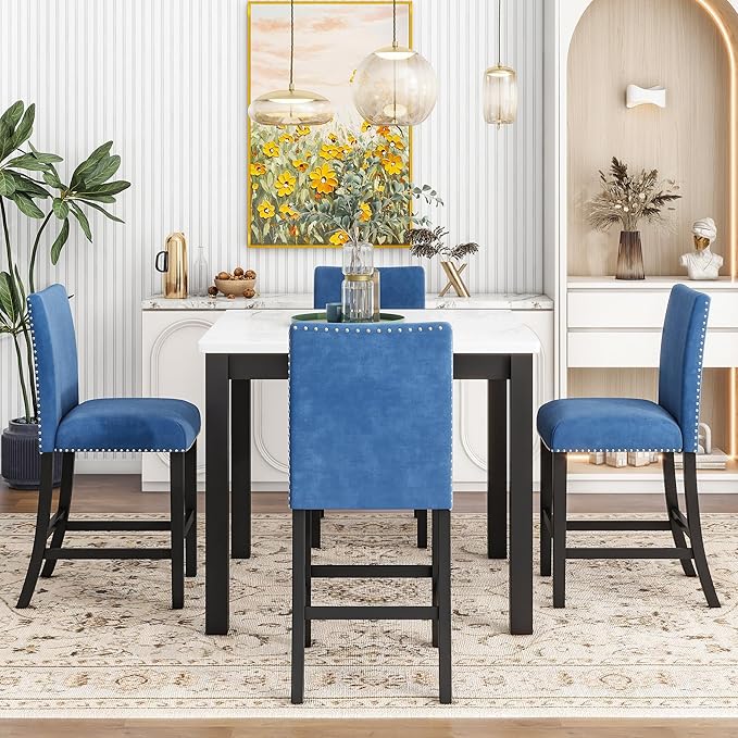 HomSof 5-Piece Counter Height Dining Table Set with One Faux Marble Top Dining Table and Four Velvet-Upholstered Chairs,Blue