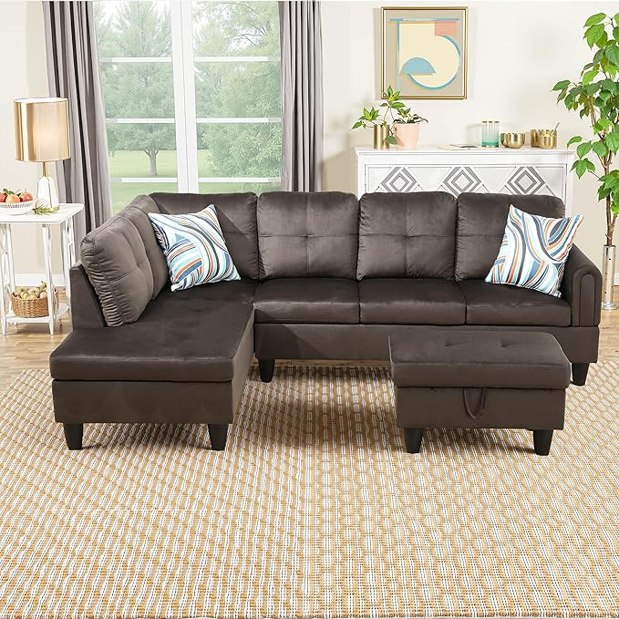 Osparple L Shaped Couch Sectional Couches for Living Room Upholstered Flannel 3 Pieces Modular Sectional Sofa with Chaise, Ottoman with Storage for Living Room and Small Apartment, Dark Brown