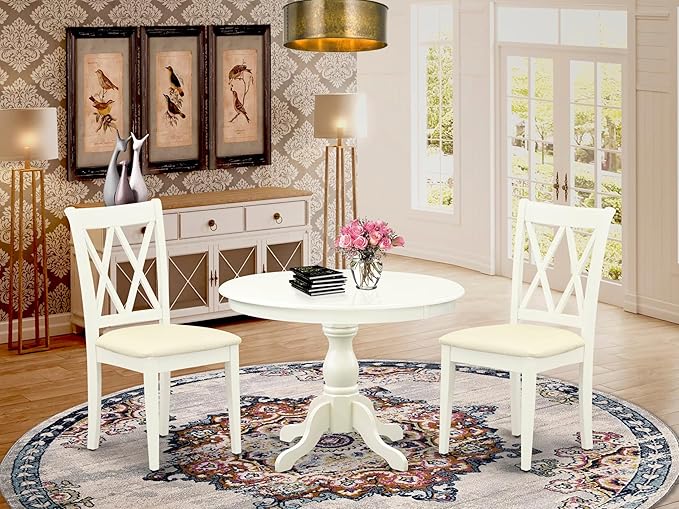 East West Furniture HBCL3-LWH-C 3 Piece Dining Table Set for Small Spaces Contains a Round Dining Room Table with Pedestal and 2 Linen Fabric Upholstered Chairs, 42x42 Inch, Linen White