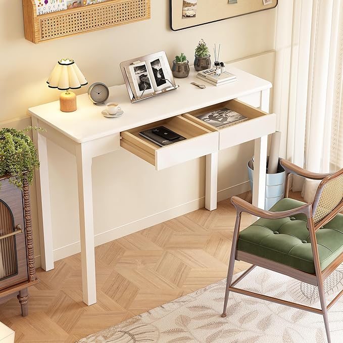 Solid Wood Desk with Drawers - 39 x 16 Inch Narrow Desks, Mid Century Modern Desks, Rubber Wood Study Table, Small Writing Desk for Small Spaces|Bedroom - White