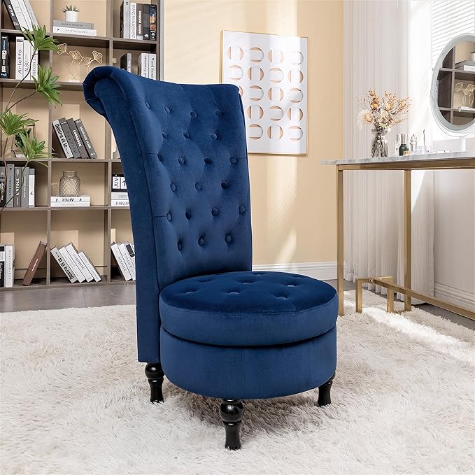 Container Furniture Direct Royal High-Back Velvet Accent Chair for Vanity with Storage and Luxurious Upholstery, Retro Design and Versatile Usage for Living Room, Bedroom, Lounge and Office, Dark Blue