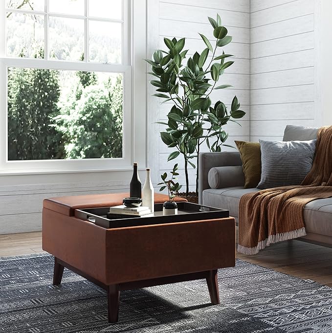 SIMPLIHOME Owen 34 inch Wide Mid Century Modern Rectangle Tray Top Small Coffee Table Storage Ottoman in Distressed Saddle Brown Vegan Faux Leather, Assembled, For the Living Room and Entryway