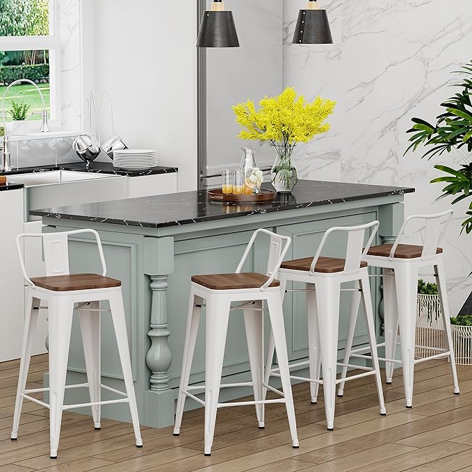 Yongchuang 30 inch Bar Stools Set of 4 Bar Height Metal Barstools with Wood Seat Low Back Kitchen Bar Chairs Cream White