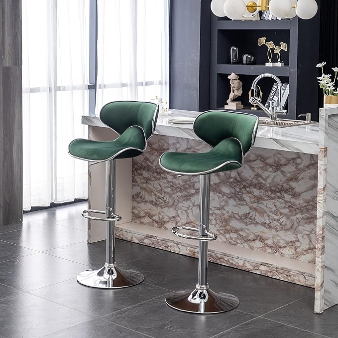 Roundhill Furniture Masaccio Velvet Upholstered Adjustable Swivel Barstool, Set of 2, Green