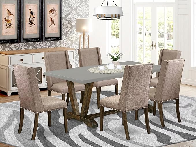 East West Furniture V797FL716-7 7 Piece Dining Room Furniture Set Consist of a Rectangle Dining Table with V-Legs and 6 Dark Khaki Linen Fabric Parsons Chairs, 40x72 Inch, Multi-Color
