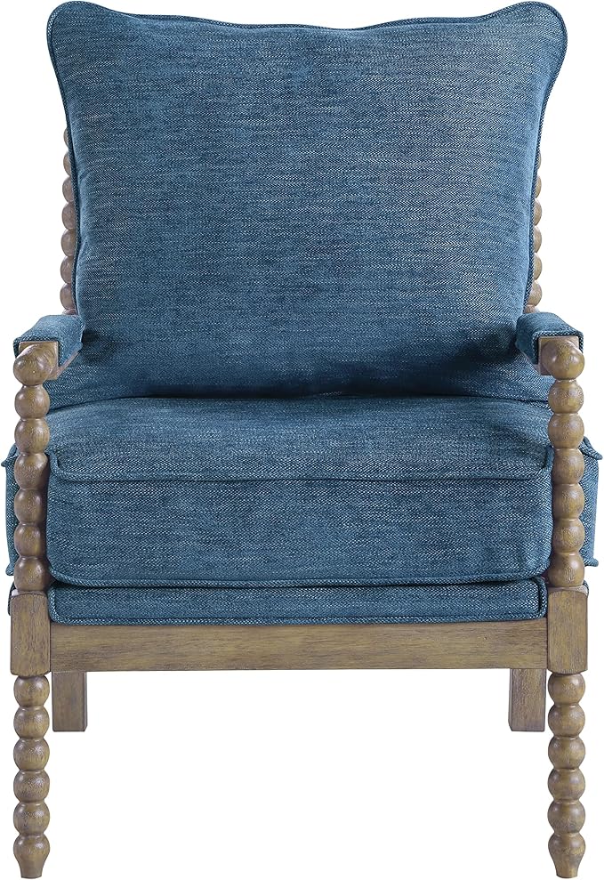OSP Home Furnishings Fletcher Spindle Accent Chair with Rustic Brown Finish, Navy Blue Upholstery