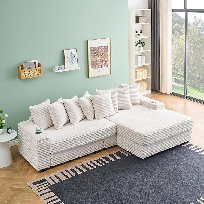 KEIKI 114" Corduroy Sofa with Cup Holders & Storage, L Shaped Sleeper Cloud Couch Set w/Reversible Chaise Lounge, Living Room Oversized Upholstered SofaBed for Apartment, Easy Assembly, Beige