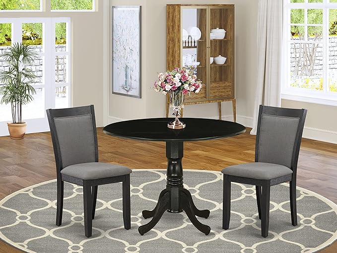 East West Furniture DLMZ3-AB6-50 3 Piece Dining Table Set Contains a Round Dining Room Table with Dropleaf and 2 Dark Gotham Grey Linen Fabric Upholstered Chairs, 42x42 Inch, Wirebrushed Black
