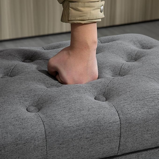 HOMCOM Ottoman with Storage for Living Room, 25" Storage Ottoman with Removable Lid, Button-Tufted Fabric Bench for Footrest and Seat with Wood Legs, Gray