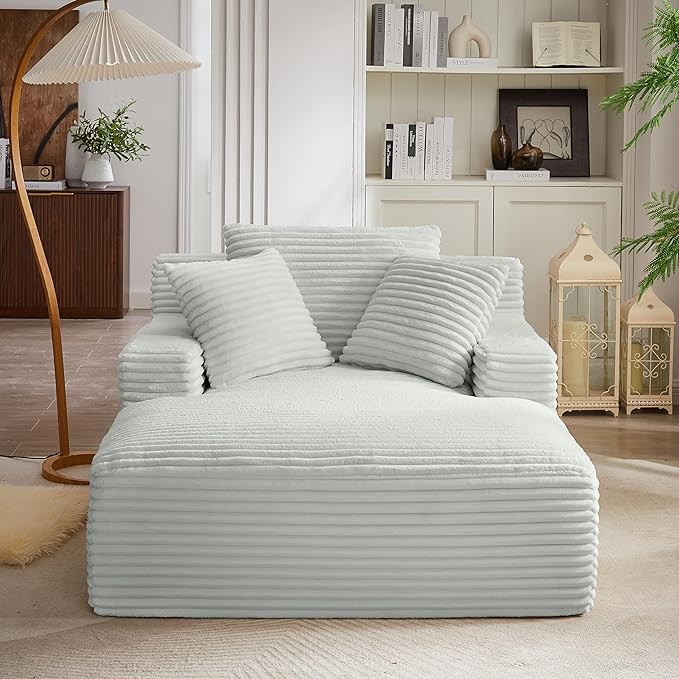 Oversized Chaise Daybed Lounge Sleeper Chair Sofa Full Foam Cloud Chaise Sofabed for Living Room,Luxury Plush Corduroy Upholstered Sleeper Couch Extra Wide Chair Bed W/3 Pillows for Home/Apartment