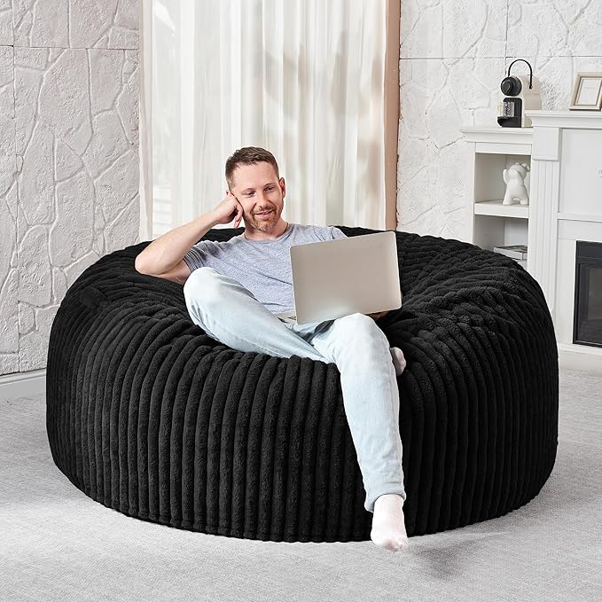 HABUTWAY 4FT Bean Bag Chair, 4' Large Bean Bag Chairs for Adults with Removable Stripe Plush Cover, Memory Foam Beanbag Chair for Living Room Bedroom Dorm (Black)