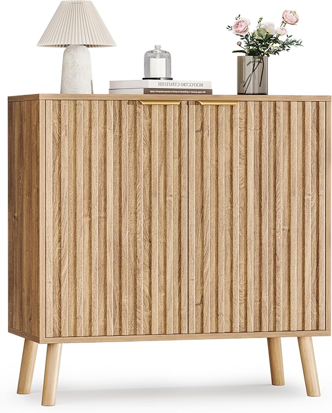 Pamapic Fluted Storage Cabinet, Sideboard Buffet Cabinet with Storage, Buffet Sideboard, Console Table, Credenza, Wood Modular Organizer with Doors & Shelf（Oak）