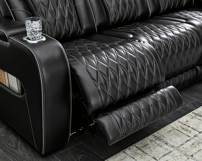 Signature Design by Ashley Boyington Contemporary Leather Match Power Reclining Sofa with Adjustable Headrest, Cup Holder, USB Charging Ports, Air Massage System and LED Lighting, Black