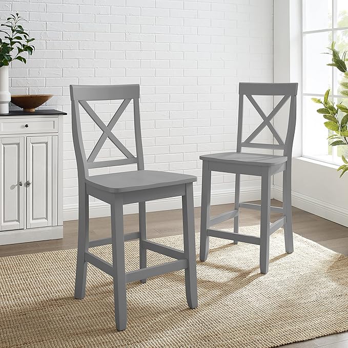 Crosley Furniture X-Back Wood Counter Height Bar Stools Set of 2, Gray, 24-inch