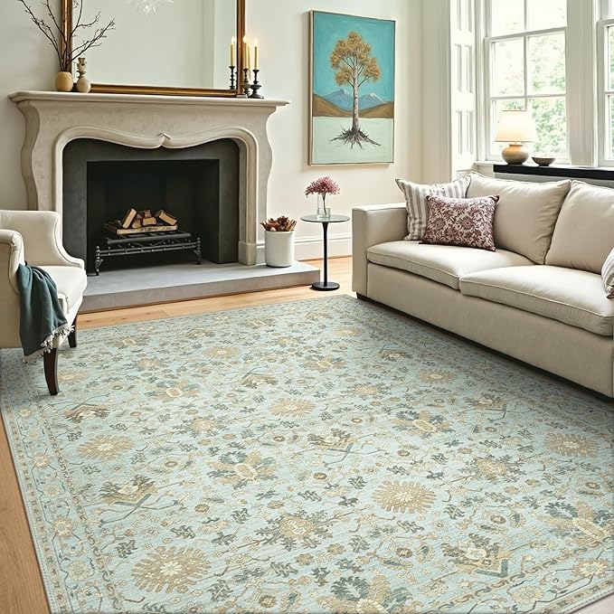 8X10 Area Rugs Machine Washable Runner Rugs for Living Room Bedroom Hallway, Non Slip Indoor Soft Accent Distressed Boho Vintage Print Lightweight Thin Low Pile Carpet, Misty Blue