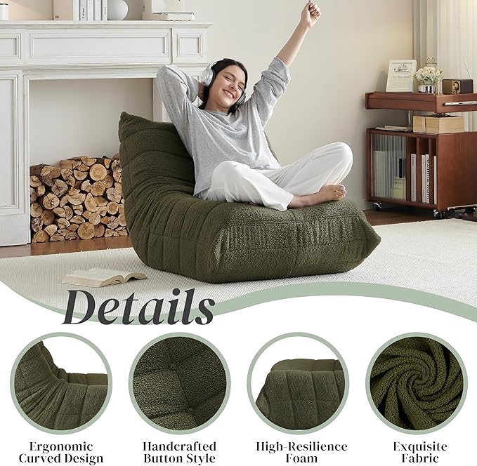 Bean Bag Chair, Fireside Chair Bean Bag Sofa for Adults, Bean Bag Chairs for Teens with High-Resilience Foam, Memory Foam & Non-Slip Base Bean Bag for Living Room, Bedroom, Office (Teddy, Green)