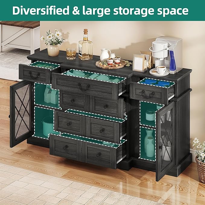 YITAHOME Television Stand for 65/55 Inch TV, Farmhouse TV Stand with 9 Drawers, Adjustable Shelves and Tempered Glass Doors, Entertainment Center TV Media Console for Living Room, Dark Grey